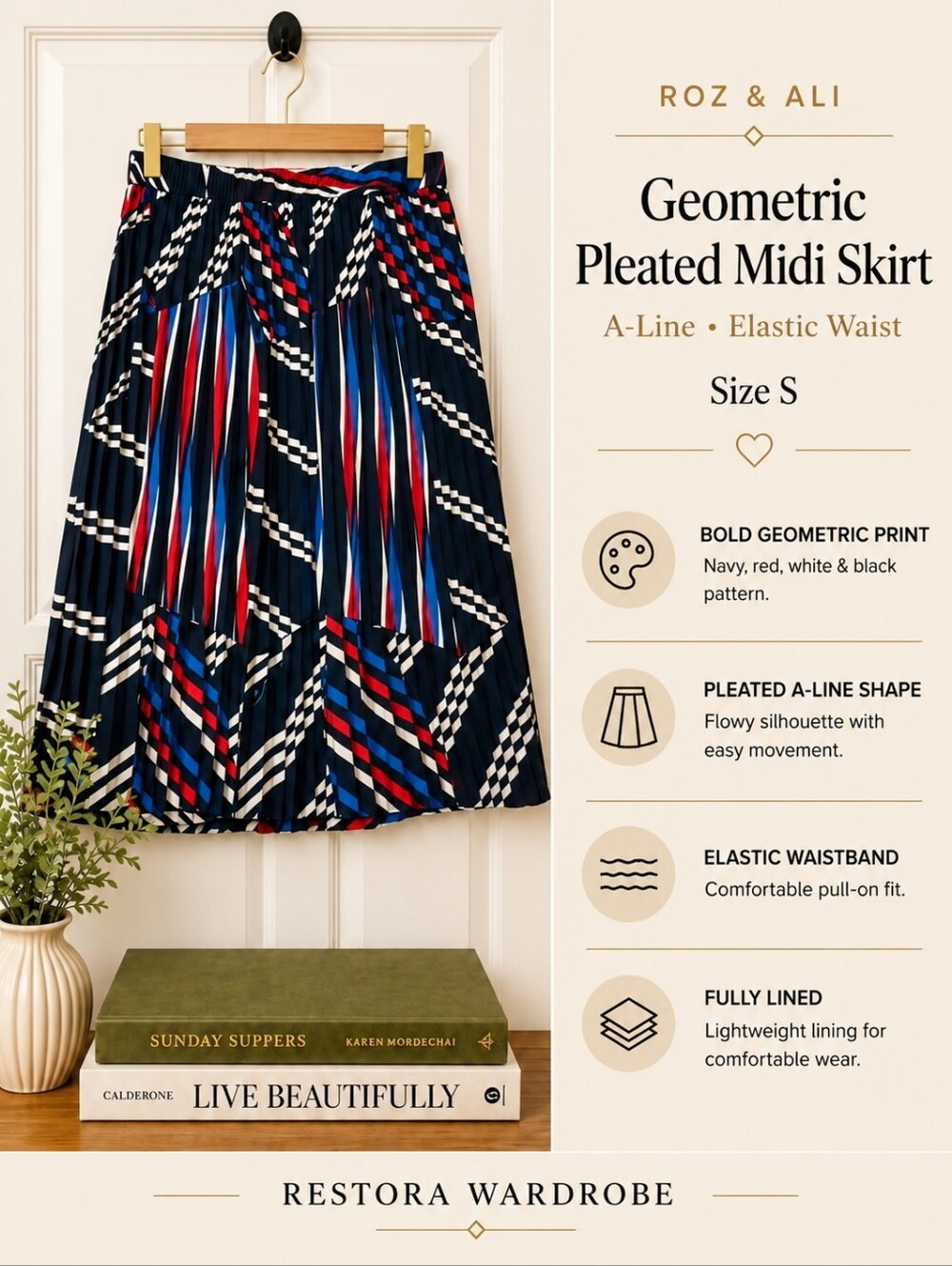 Roz & Ali Geometric Pleated Midi Skirt Retro Mod Navy Red Size S